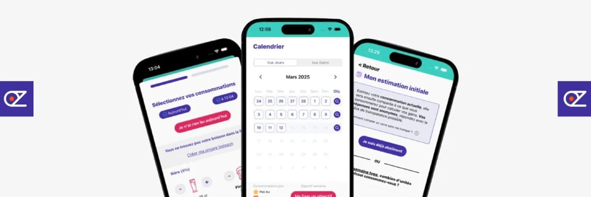 Trois écrans de smartphone affichant l'application Option Zero